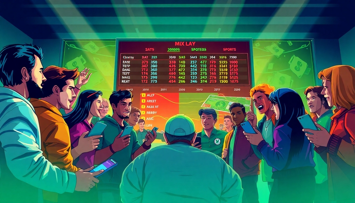 Experience a lively mix parlay betting scene with enthusiastic bettors and live sports odds.