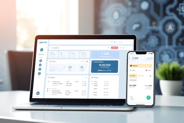 Explore gaurda wallet features displayed on a laptop and smartphone in a modern workspace.