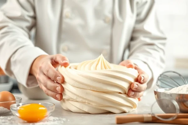 Maak mousseline met een focus op de romige textuur en ingrediënten in een moderne keuken.