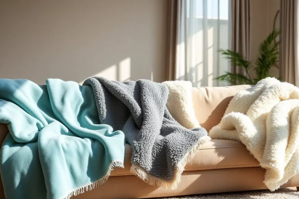 Fleece stoffen op een gezellige bank met warme kleuren en diverse texturen.