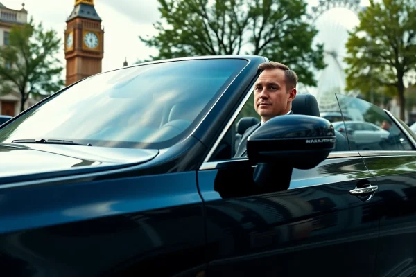 Chauffeur hire london with a professional chauffeur driving a luxury car past London landmarks.