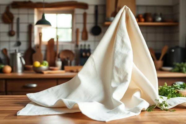 De veelzijdigheid en toepassingen van kaasdoek in de keuken Kaasdoek op een houten aanrecht met ingrediënten, benadrukt de kwaliteit en veelzijdigheid.