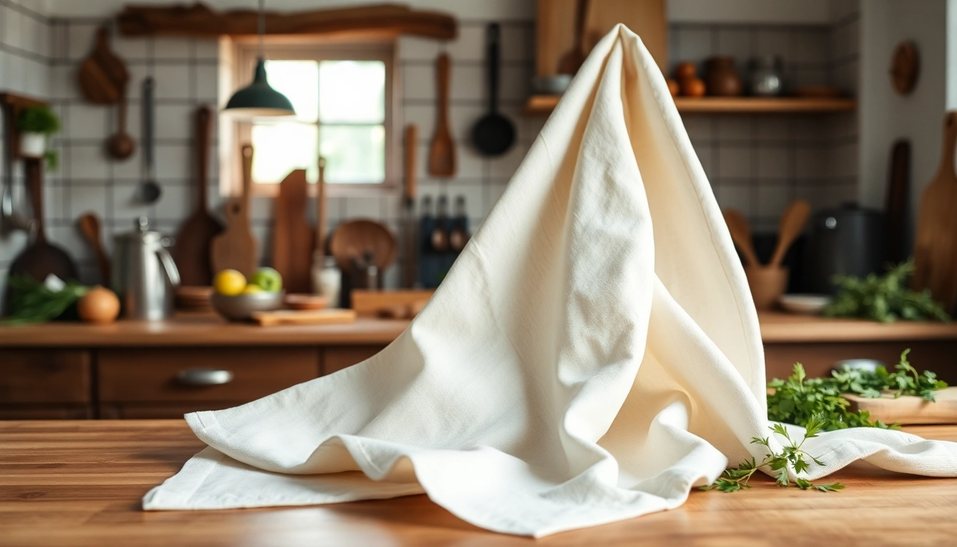 Kaasdoek op een houten aanrecht met ingrediënten, benadrukt de kwaliteit en veelzijdigheid.