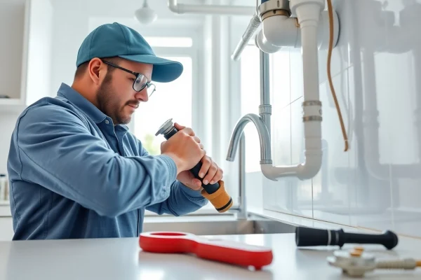 Professional plumber repairing plumbing in a modern kitchen with tools and fixtures visible.