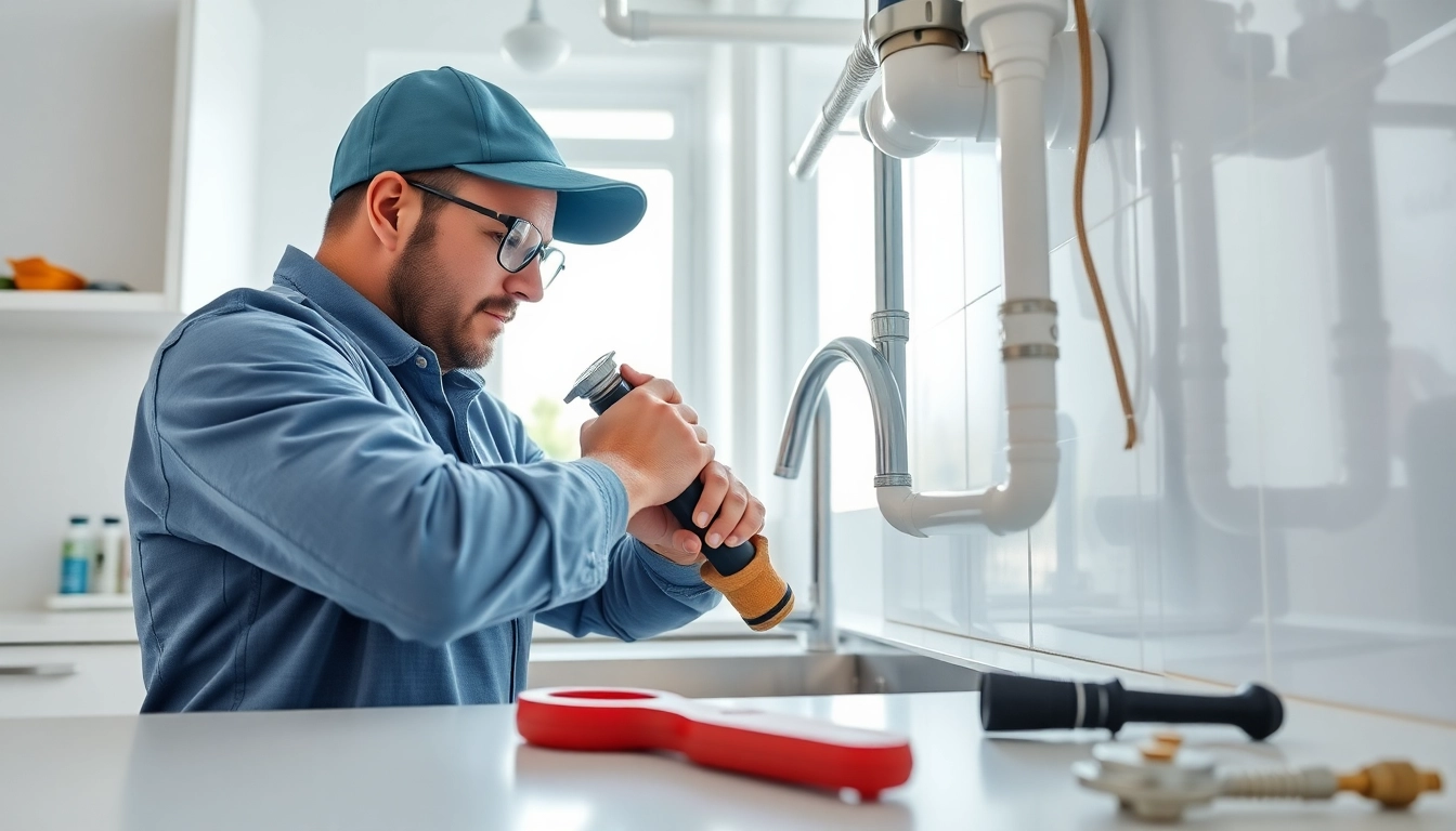 Professional plumber repairing plumbing in a modern kitchen with tools and fixtures visible.