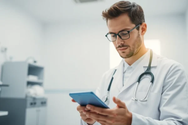Engaging healthcare professional using eprescription apps for android in a modern clinic.