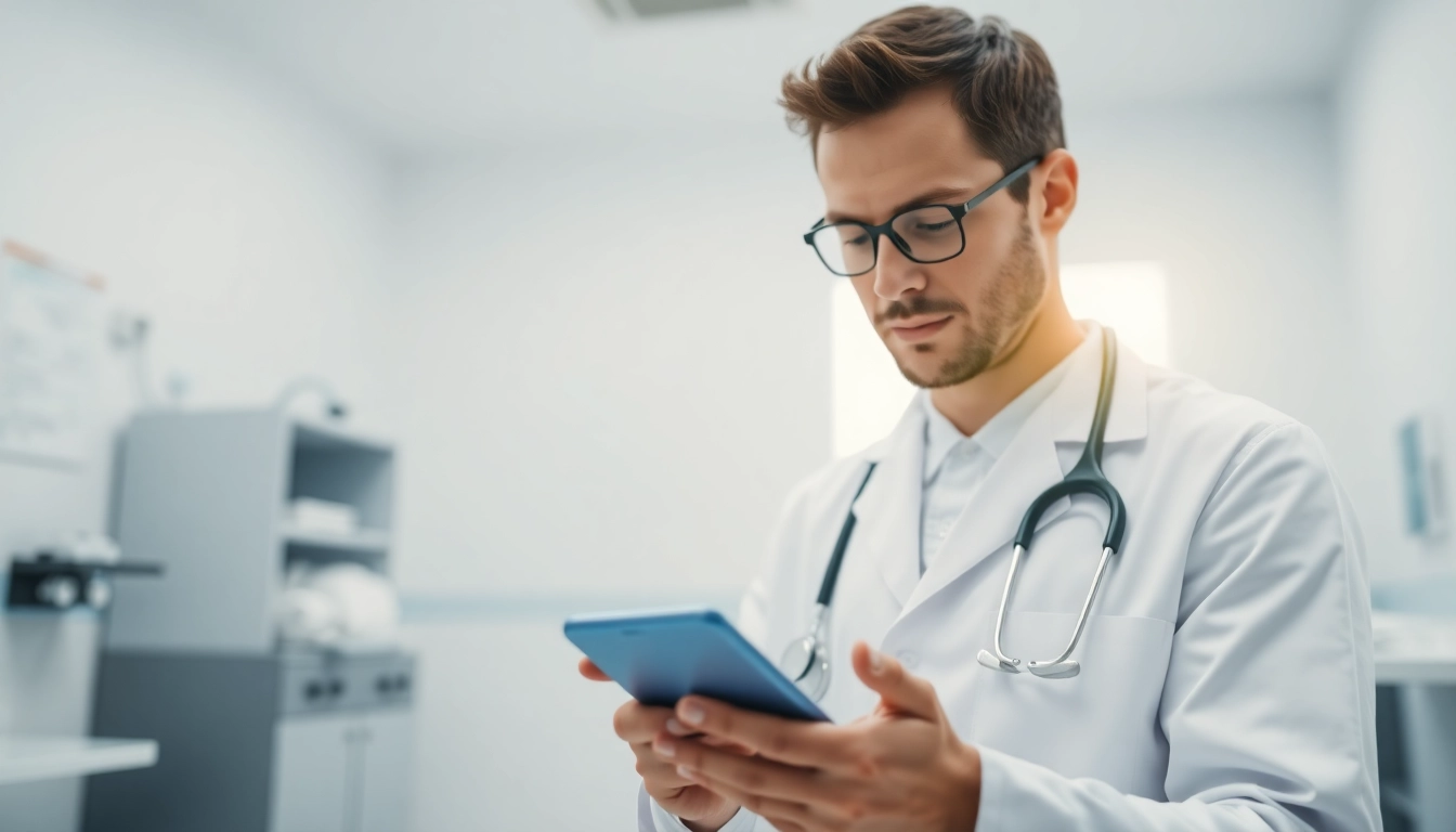 Engaging healthcare professional using eprescription apps for android in a modern clinic.
