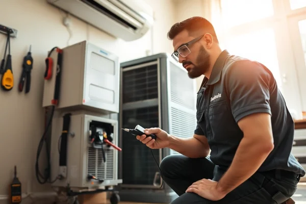 Technician performing ac repair phoenix az on an air conditioning unit in a bright setting.