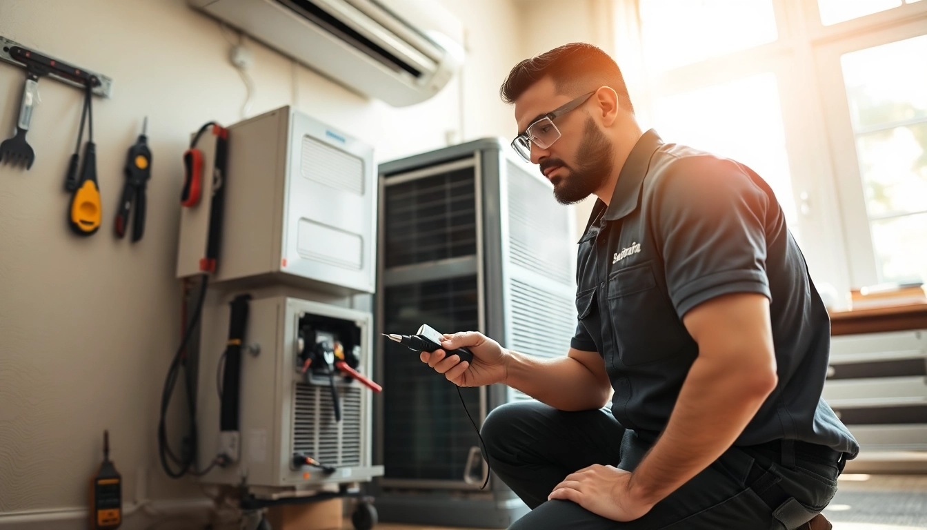 Technician performing ac repair phoenix az on an air conditioning unit in a bright setting.