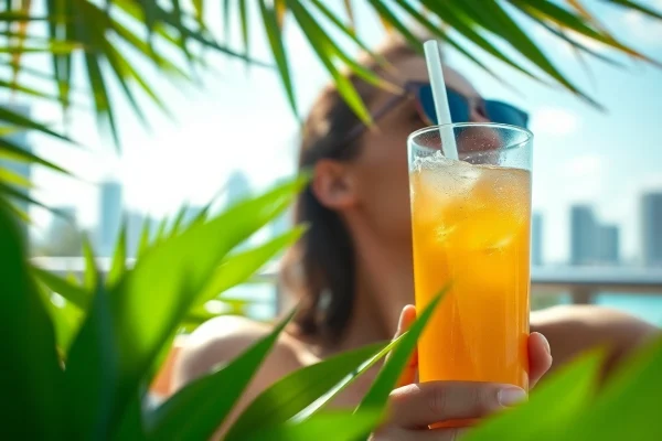 Enjoying cbd miami beverage in vibrant Miami backdrop, promoting relaxation and wellness.