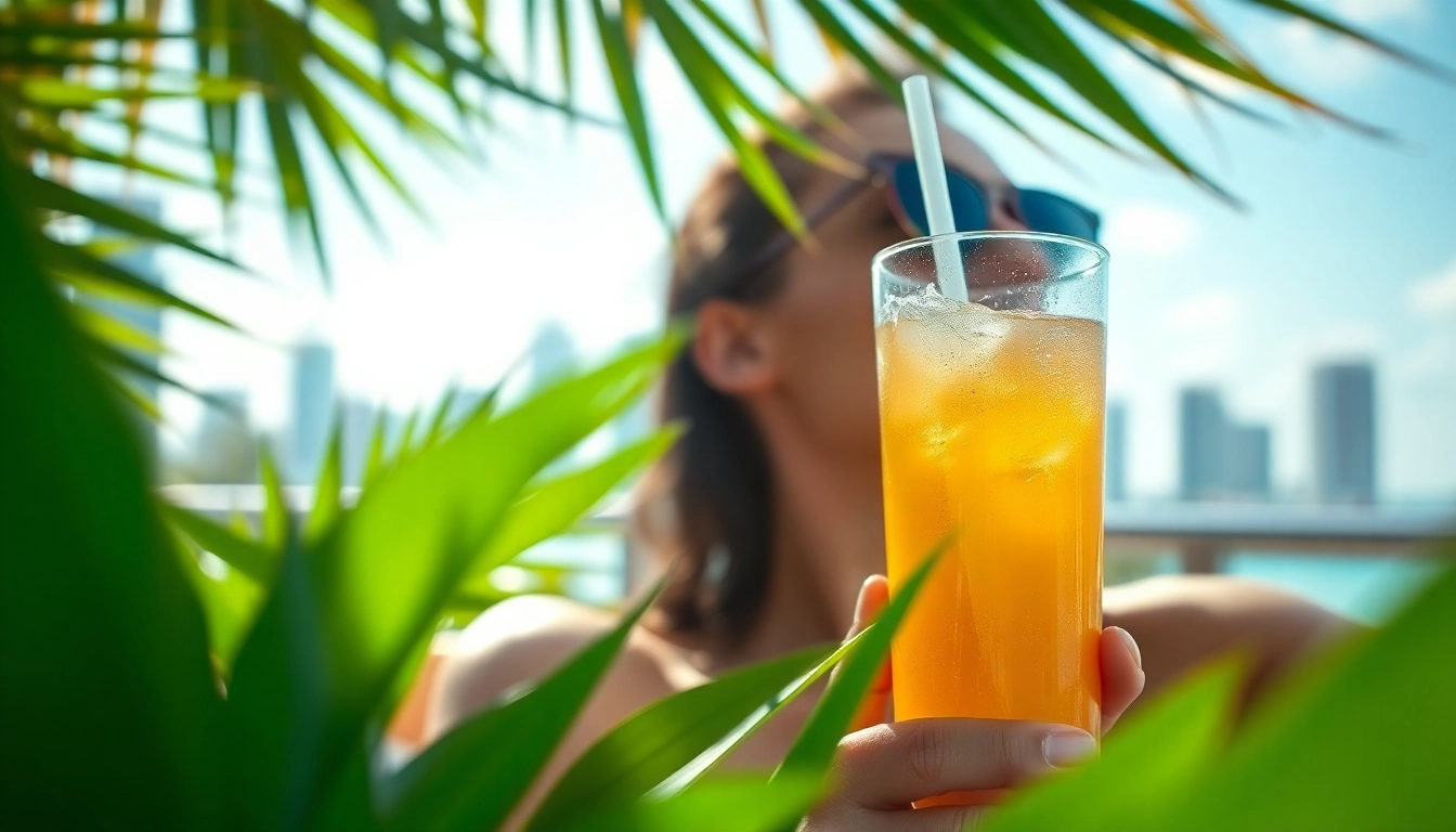 Enjoying cbd miami beverage in vibrant Miami backdrop, promoting relaxation and wellness.