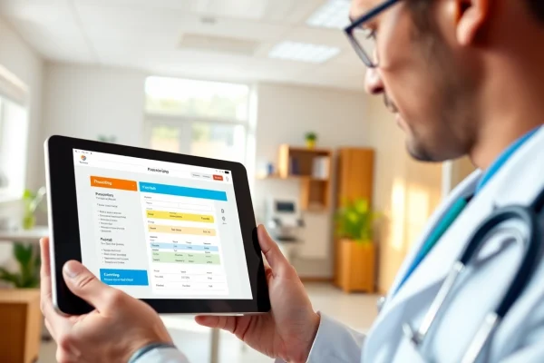 Illustration of eprescribing platforms enhancing healthcare efficiency with a doctor using a digital device.