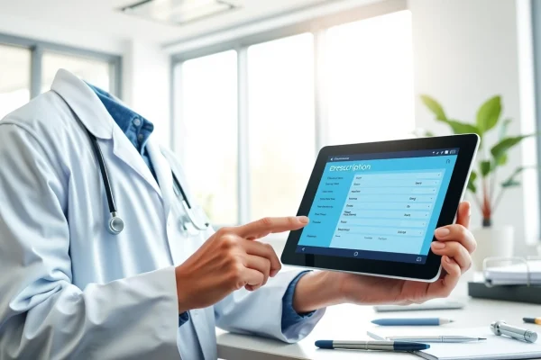 Engaging scene of a doctor utilizing eprescribing platforms on a tablet in a professional setting.