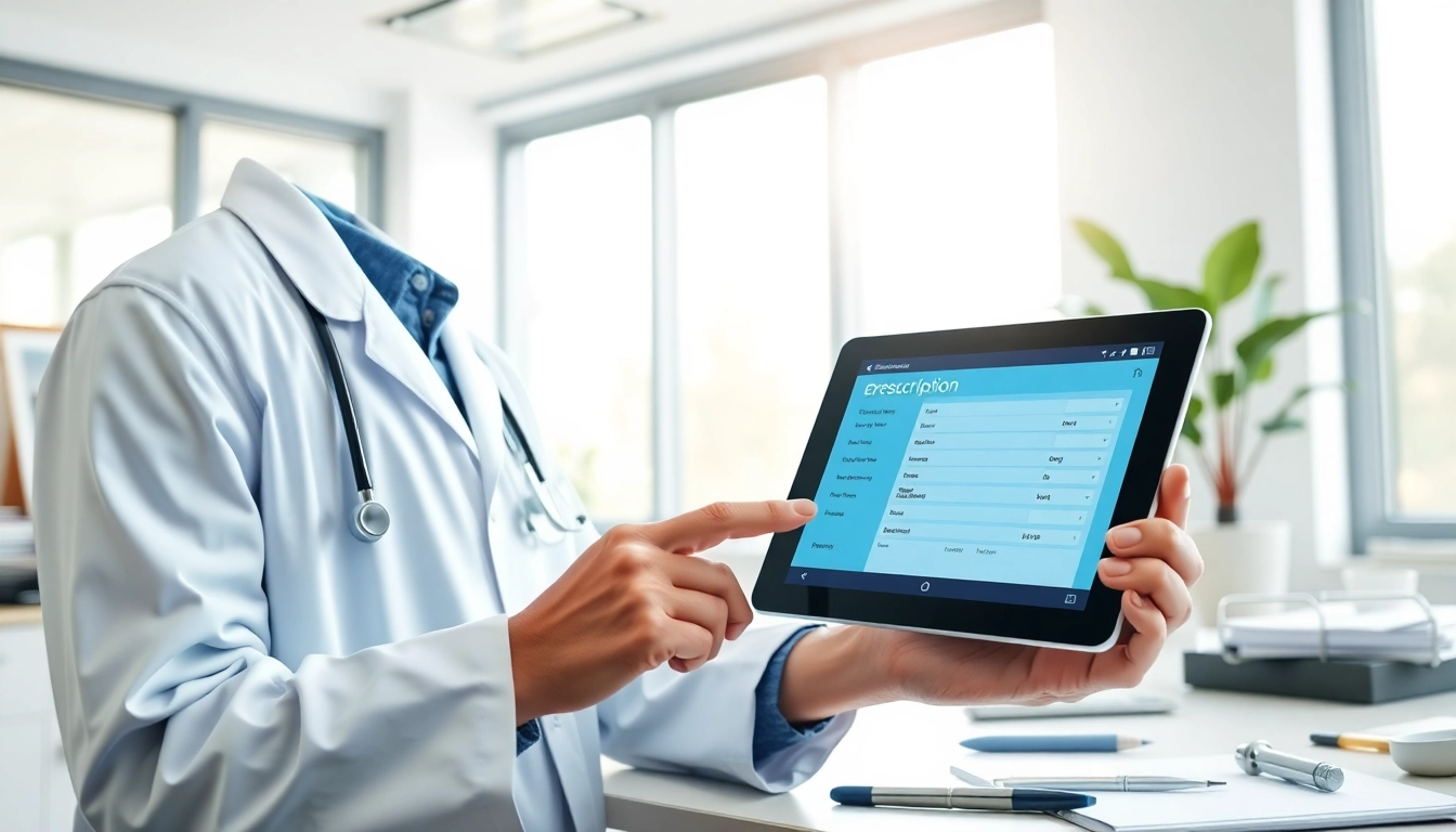 Engaging scene of a doctor utilizing eprescribing platforms on a tablet in a professional setting.