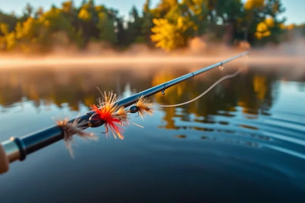 Practicing fly fishing for bass with a colorful array of flies near a tranquil lake.
