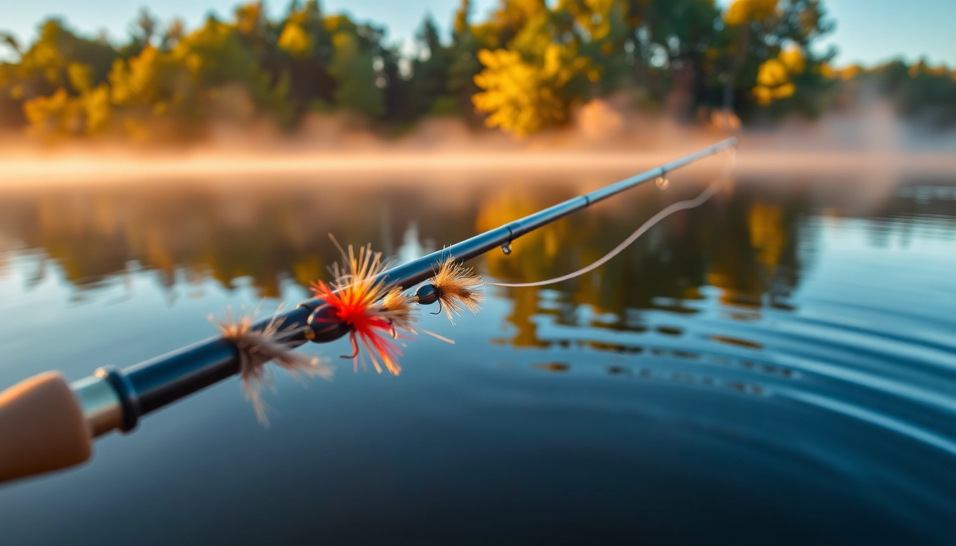 Practicing fly fishing for bass with a colorful array of flies near a tranquil lake.